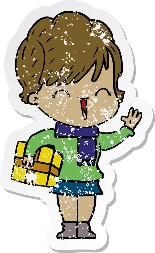 distressed sticker of a cartoon laughing woman vector