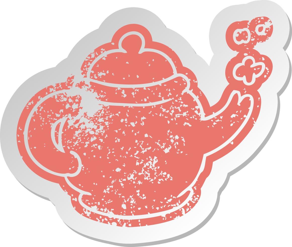 distressed old sticker of a blue tea pot vector