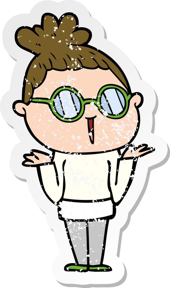distressed sticker of a cartoon shrugging woman wearing spectacles vector
