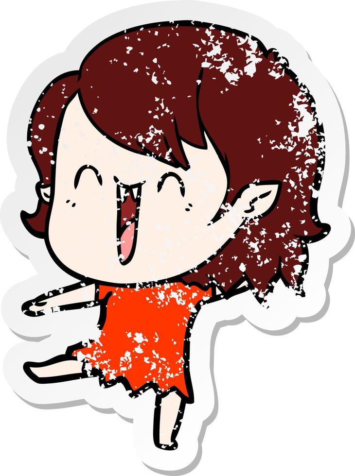 distressed sticker of a cute cartoon happy vampire girl vector