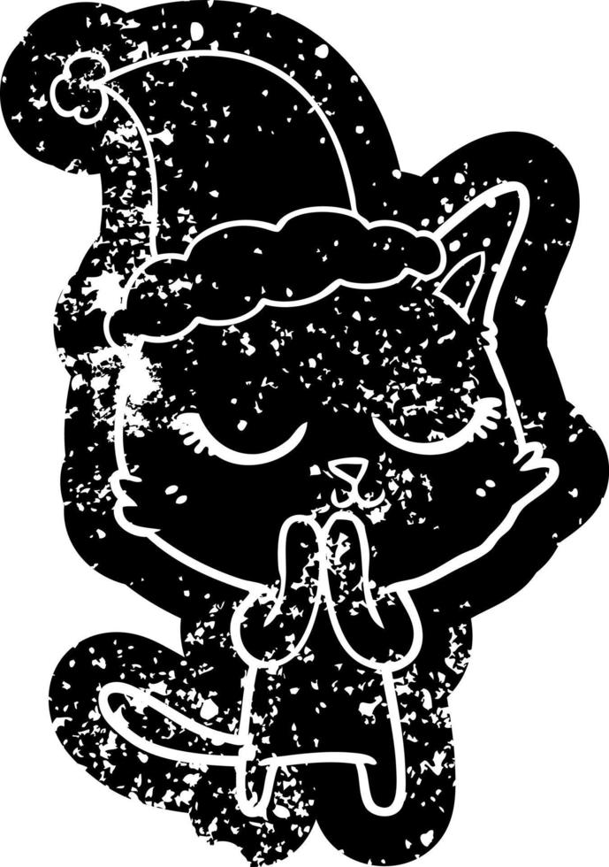 calm cartoon distressed icon of a cat wearing santa hat vector