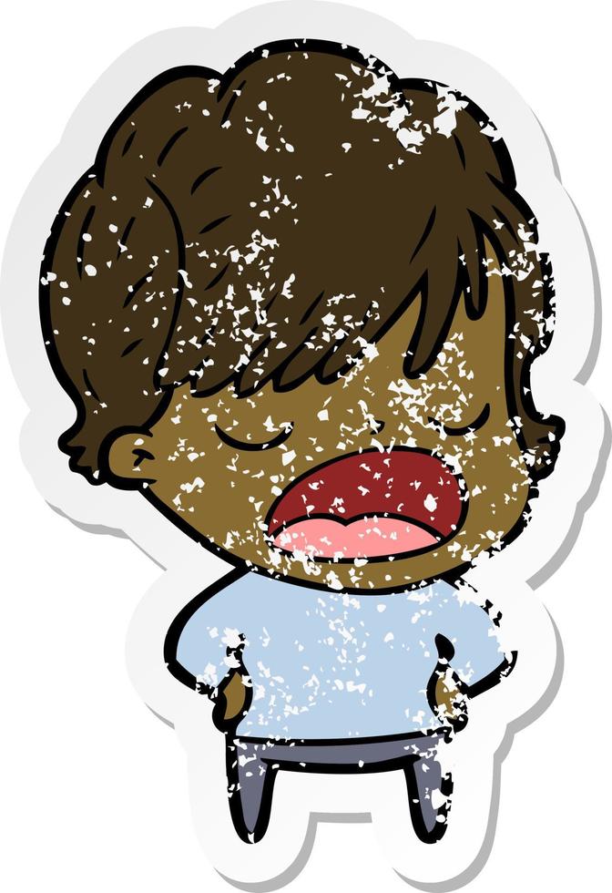 distressed sticker of a cartoon woman talking vector