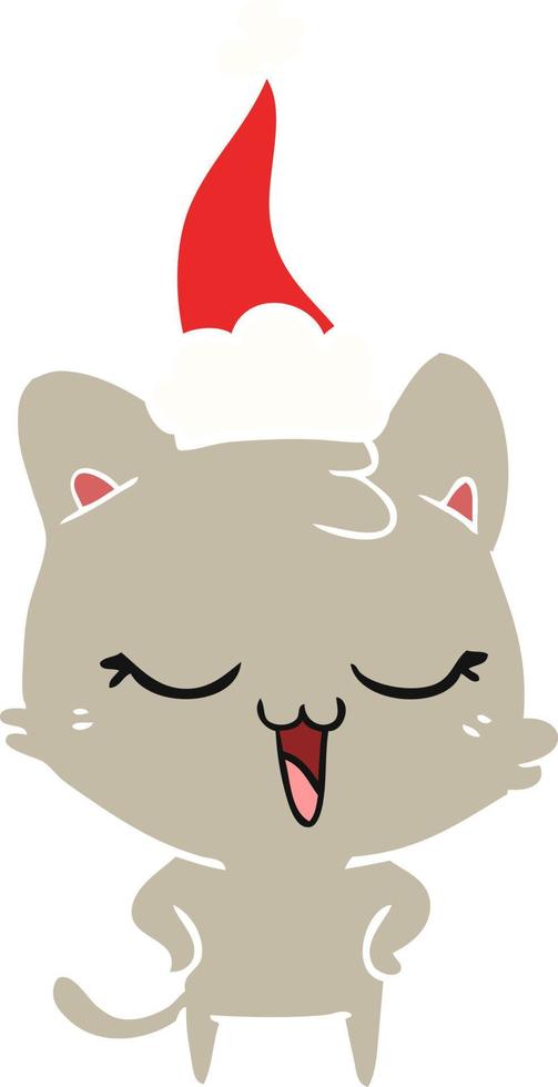 happy flat color illustration of a cat wearing santa hat vector