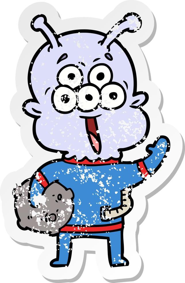 distressed sticker of a happy cartoon alien with moon rock vector