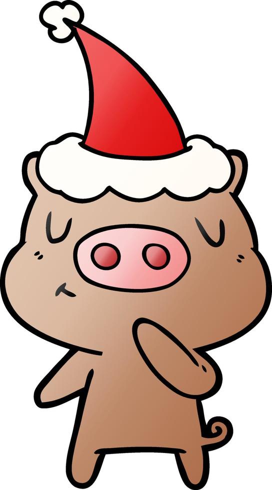 gradient cartoon of a content pig wearing santa hat vector