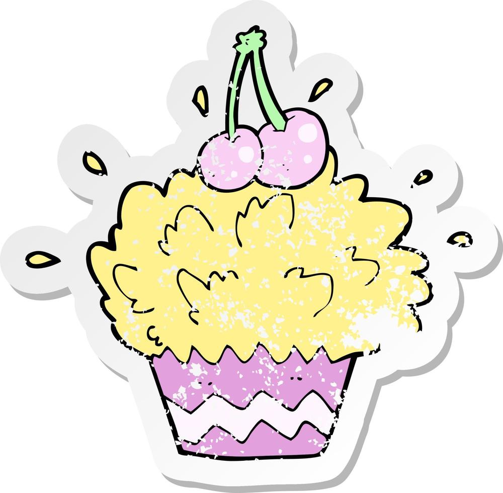 retro distressed sticker of a cartoon exploding cupcake vector