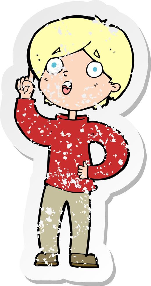 retro distressed sticker of a cartoon boy with idea vector