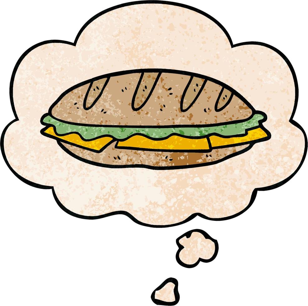 Sándwich de queso de dibujos animados y burbuja de pensamiento en estilo de patrón de textura grunge vector