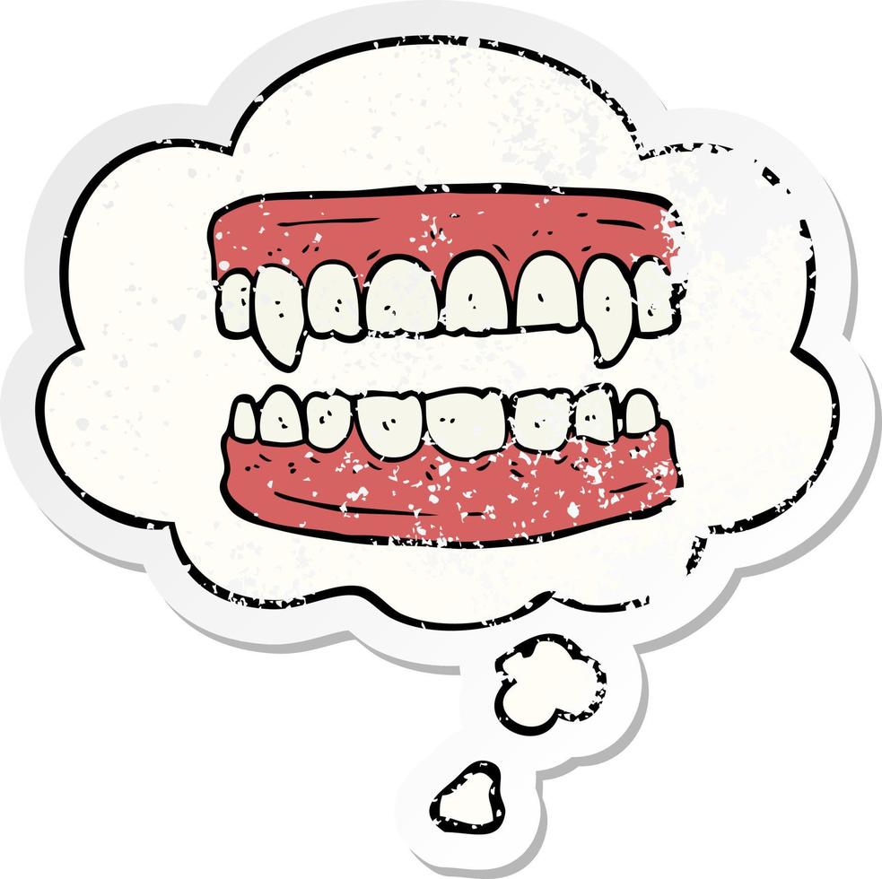 cartoon vampire teeth and thought bubble as a distressed worn sticker vector
