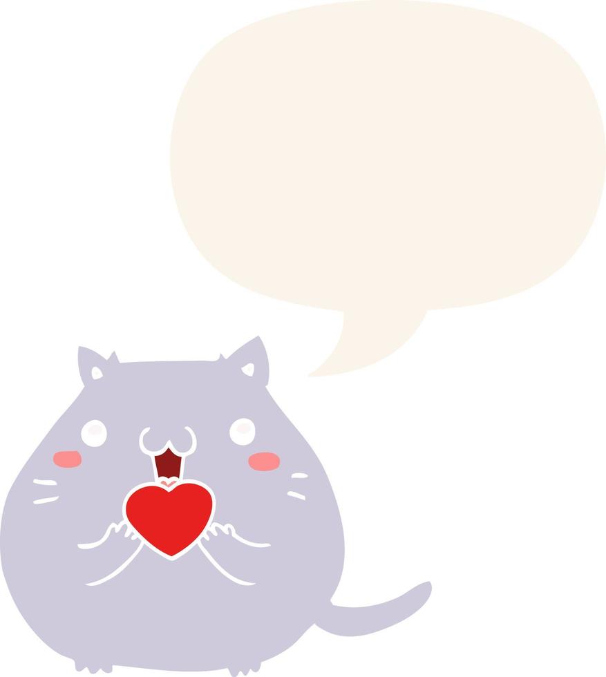 lindo gato de dibujos animados enamorado y burbuja del habla en estilo retro vector