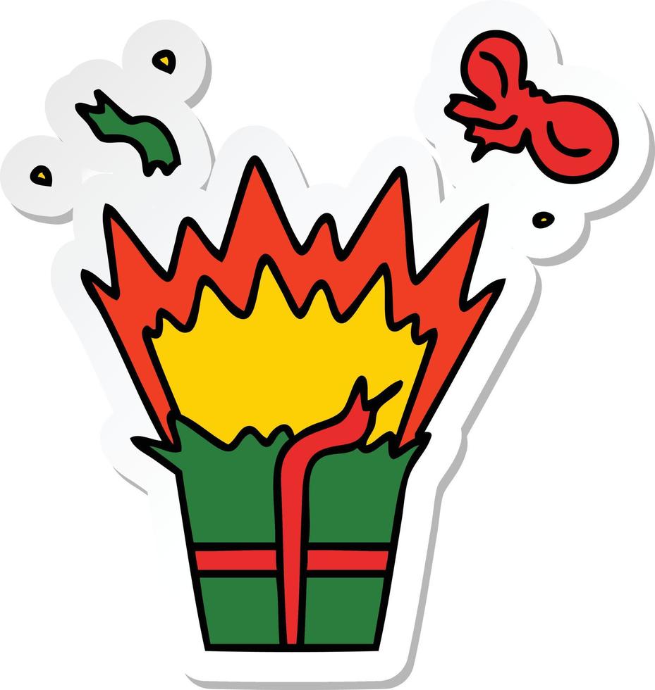 sticker of a quirky hand drawn cartoon of an explosive present vector