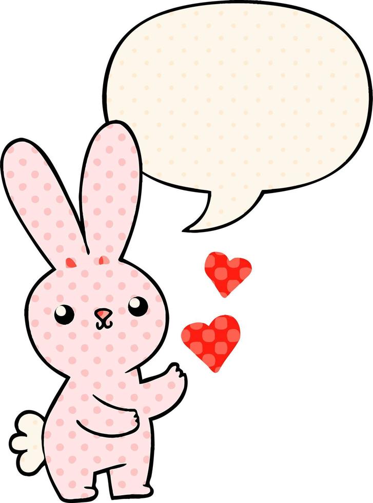 cute cartoon rabbit and love hearts and speech bubble in comic book style vector