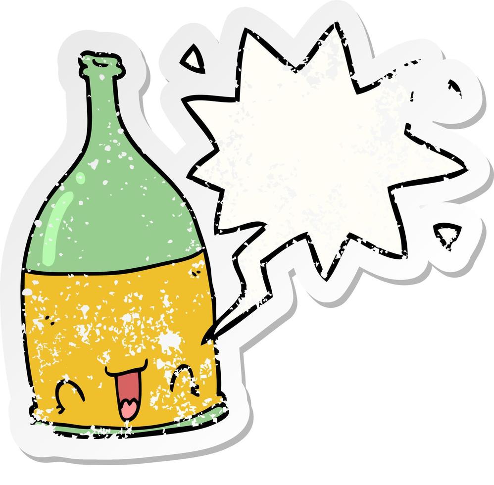 cartoon wine bottle and speech bubble distressed sticker vector