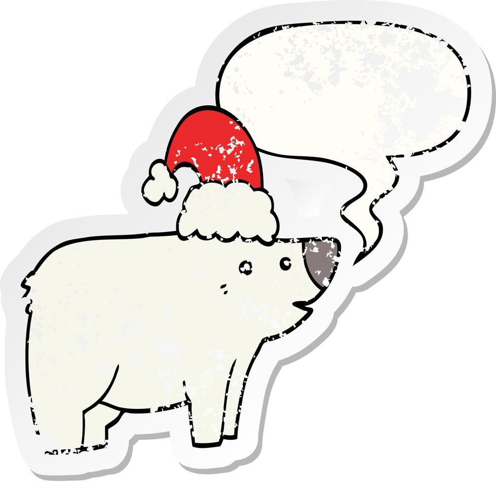 cartoon bear wearing christmas hat and speech bubble distressed sticker vector