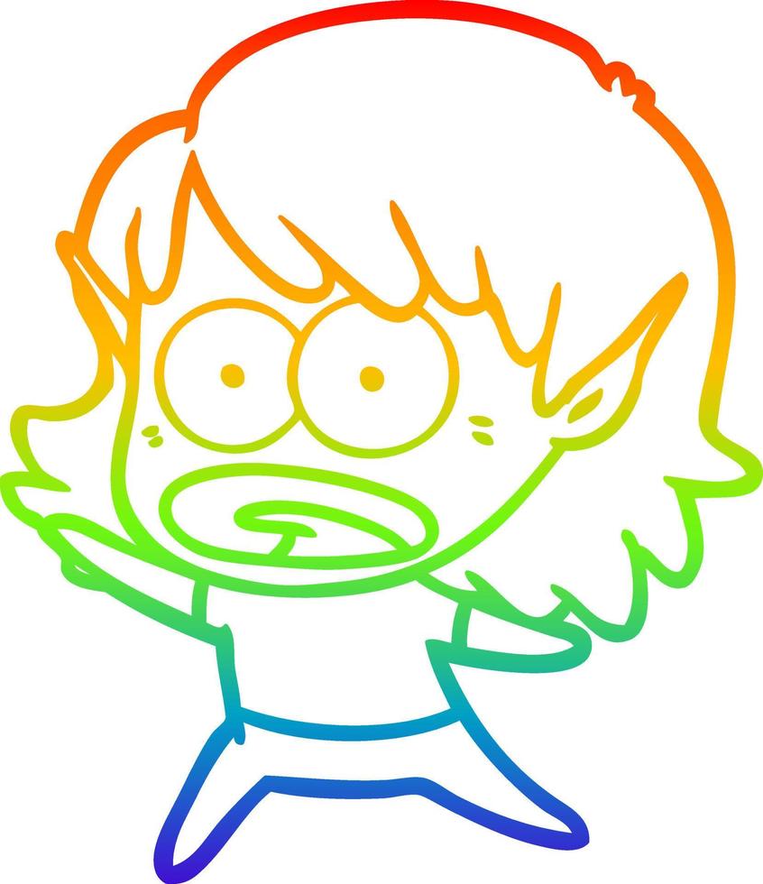 rainbow gradient line drawing cartoon shocked elf girl vector