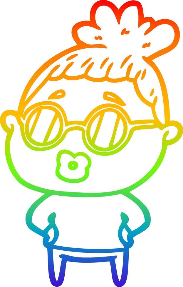 dibujo de la línea de gradiente del arco iris mujer bibliotecaria de dibujos animados con gafas vector