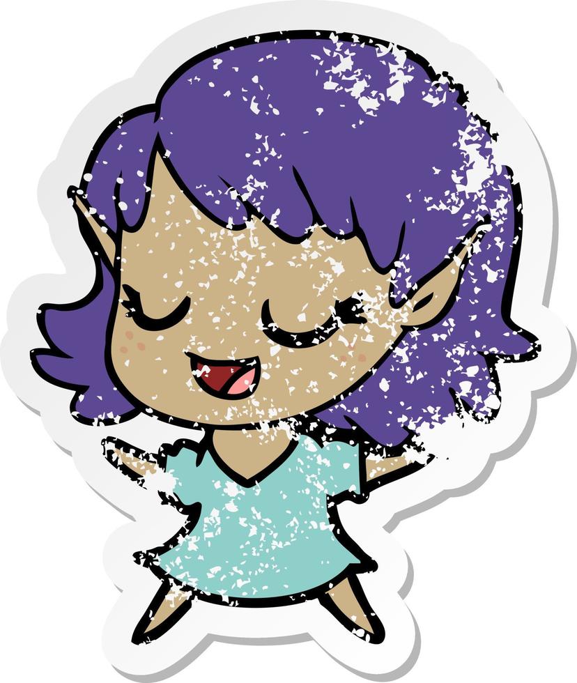 distressed sticker of a happy cartoon elf girl vector