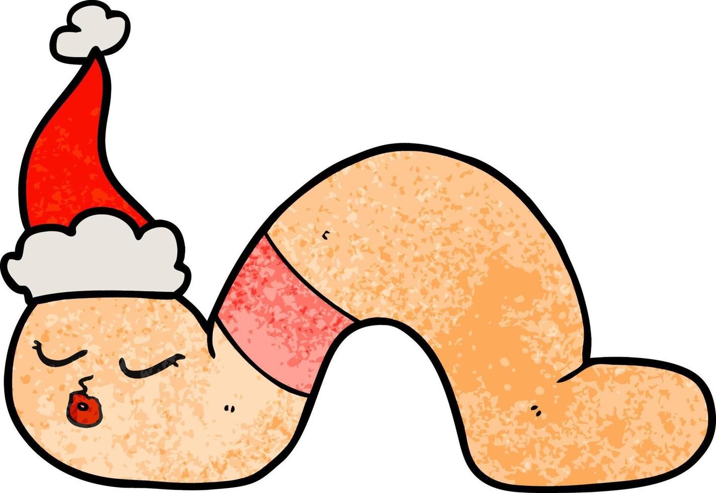 textured cartoon of a worm wearing santa hat vector