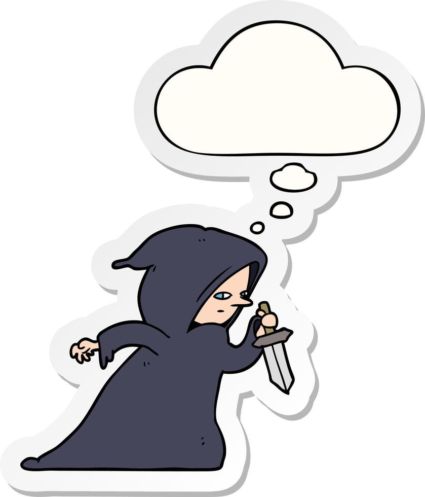 cartoon assassin and thought bubble as a printed sticker vector