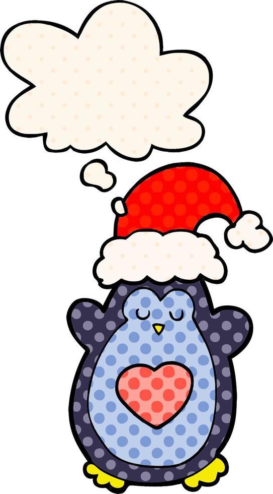 cute christmas penguin and thought bubble in comic book style vector