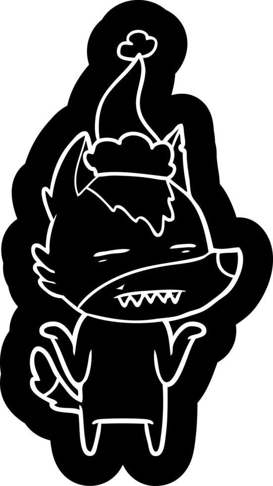 cartoon icon of a wolf showing teeth wearing santa hat vector