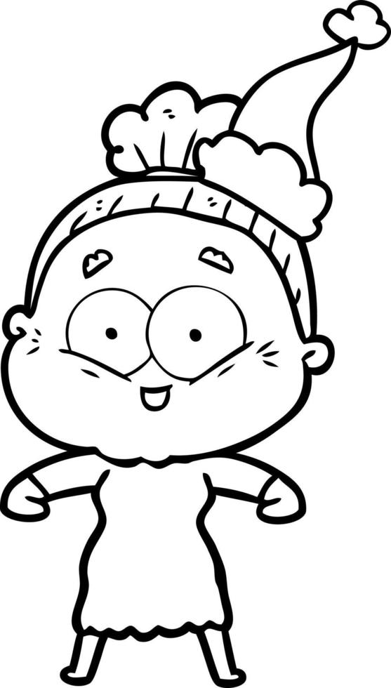 line drawing of a happy old woman wearing santa hat vector
