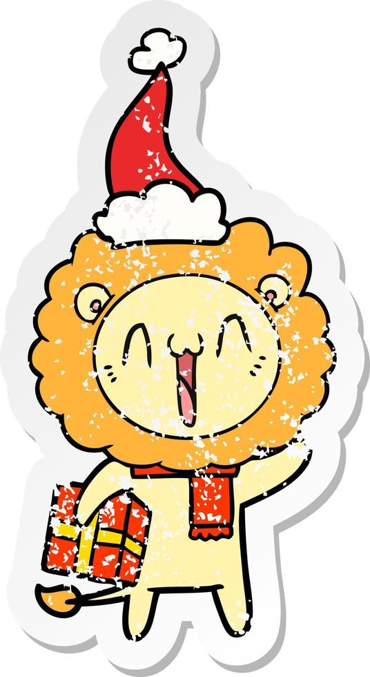 happy distressed sticker cartoon of a lion wearing santa hat vector