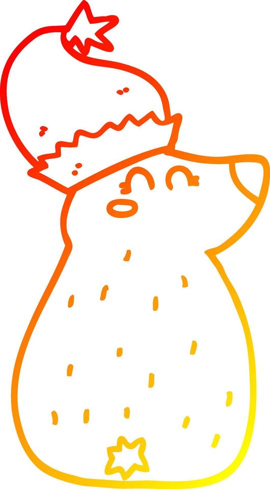 warm gradient line drawing cartoon bear wearing christmas hat vector