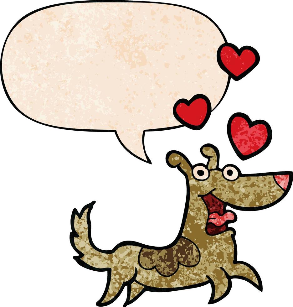 perro de dibujos animados y corazones de amor y burbujas de habla en estilo de textura retro vector