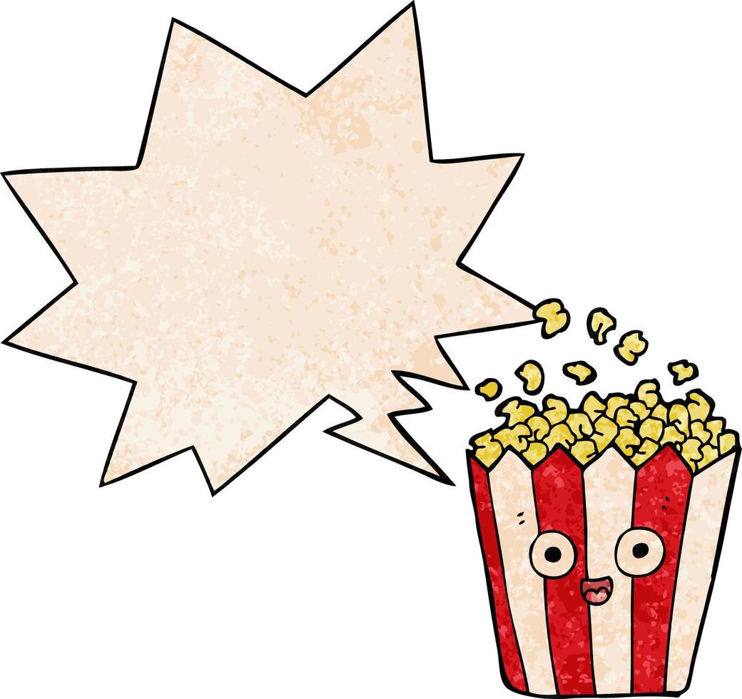 cartoon popcorn and speech bubble in retro texture style vector