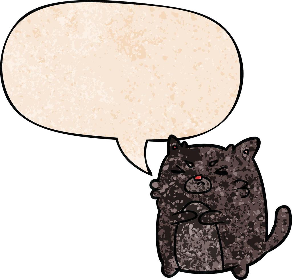 caricatura, gato enojado, y, burbuja del discurso, en, retro, textura, estilo vector