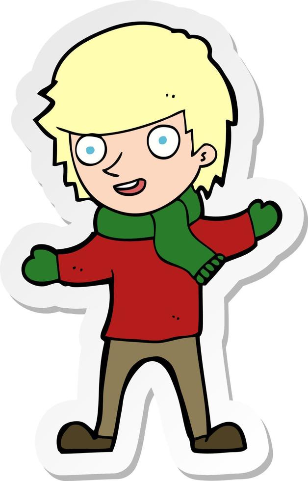 sticker of a cartoon boy in winter clothes vector