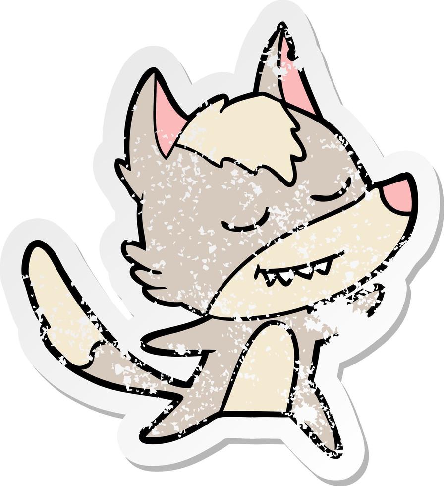 distressed sticker of a friendly cartoon wolf dancing vector