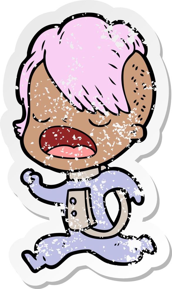 distressed sticker of a cartoon cool hipster girl in space suit vector