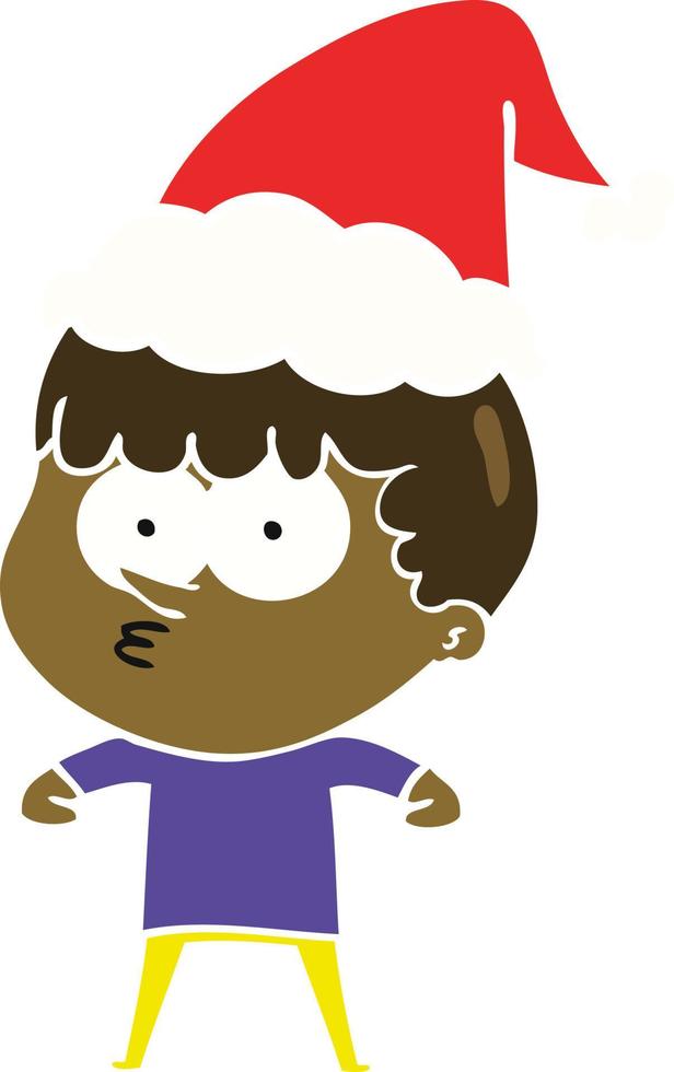 flat color illustration of a curious boy wearing santa hat vector