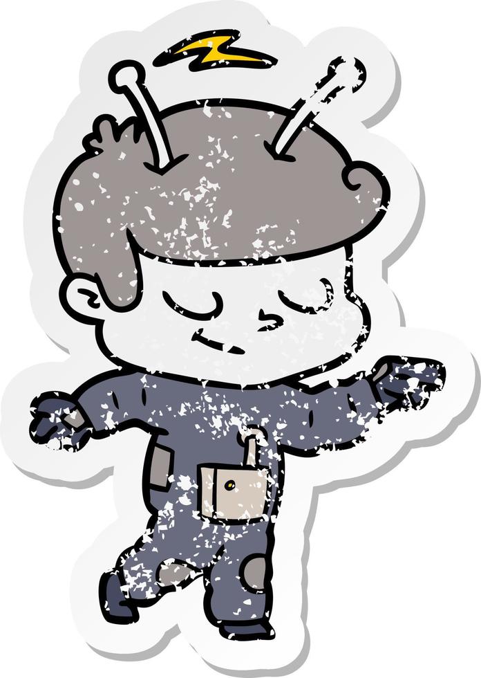 distressed sticker of a friendly cartoon spaceman pointing vector