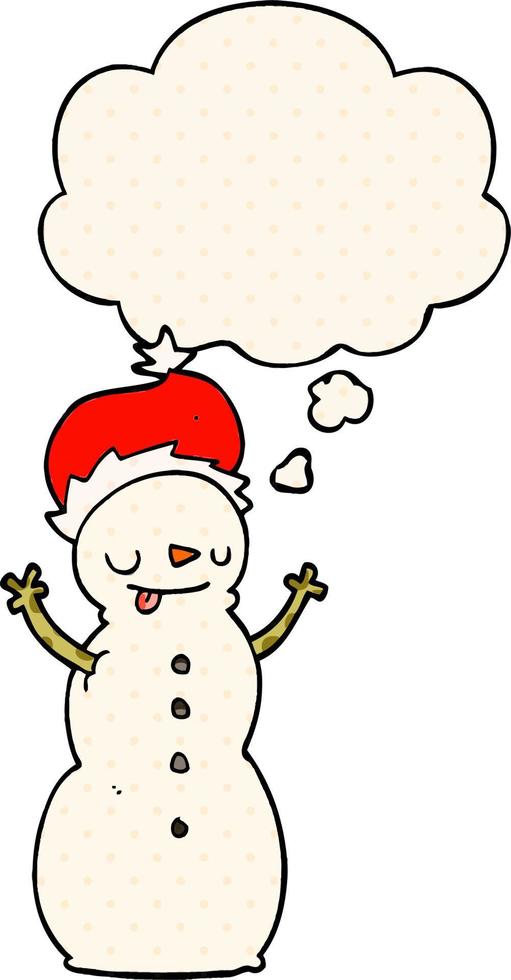 cartoon christmas snowman and thought bubble in comic book style vector