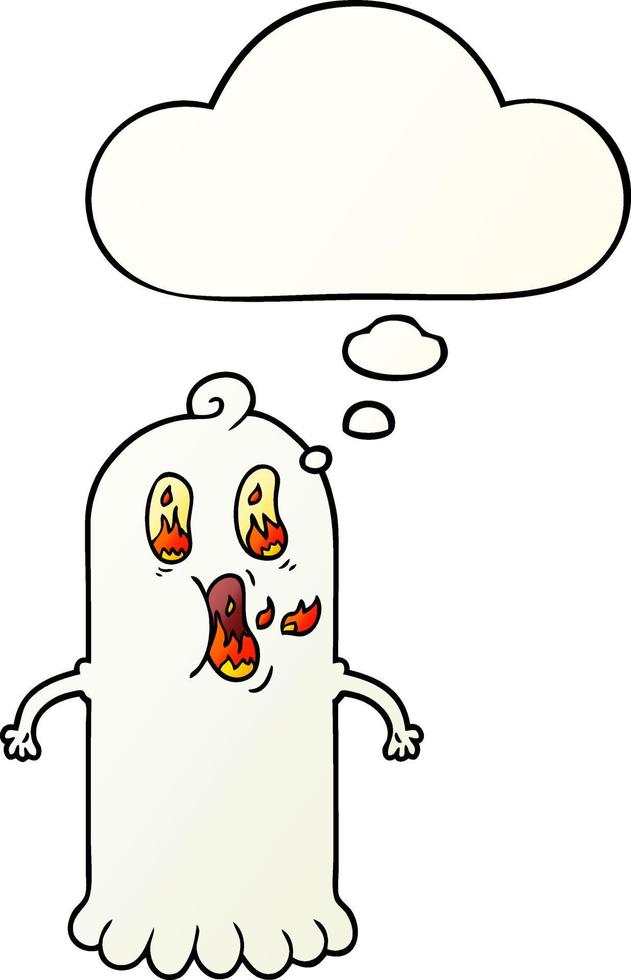 cartoon ghost with flaming eyes and thought bubble in smooth gradient style vector