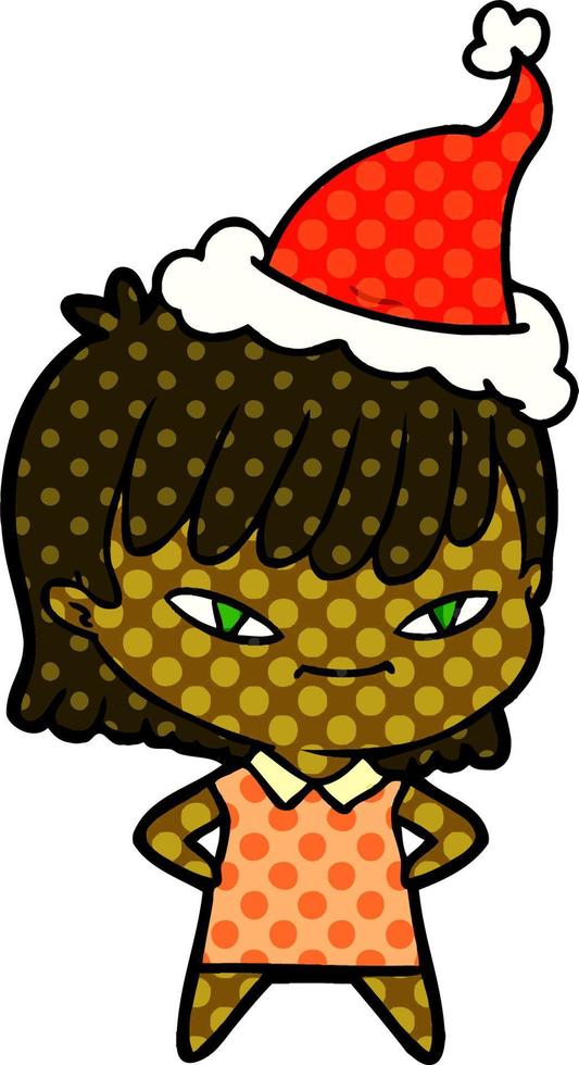 comic book style illustration of a woman wearing santa hat vector