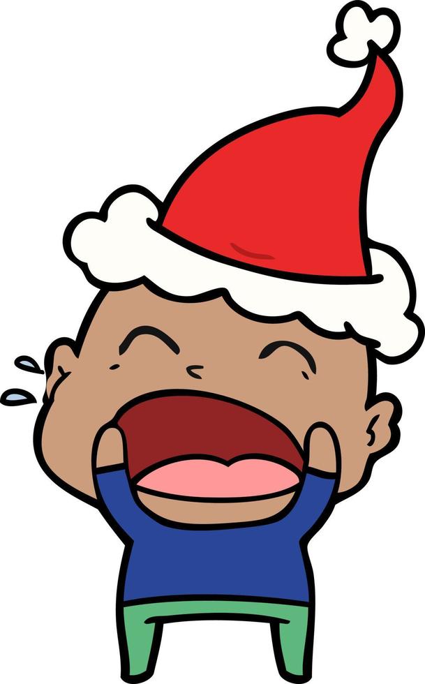 line drawing of a shouting bald man wearing santa hat vector