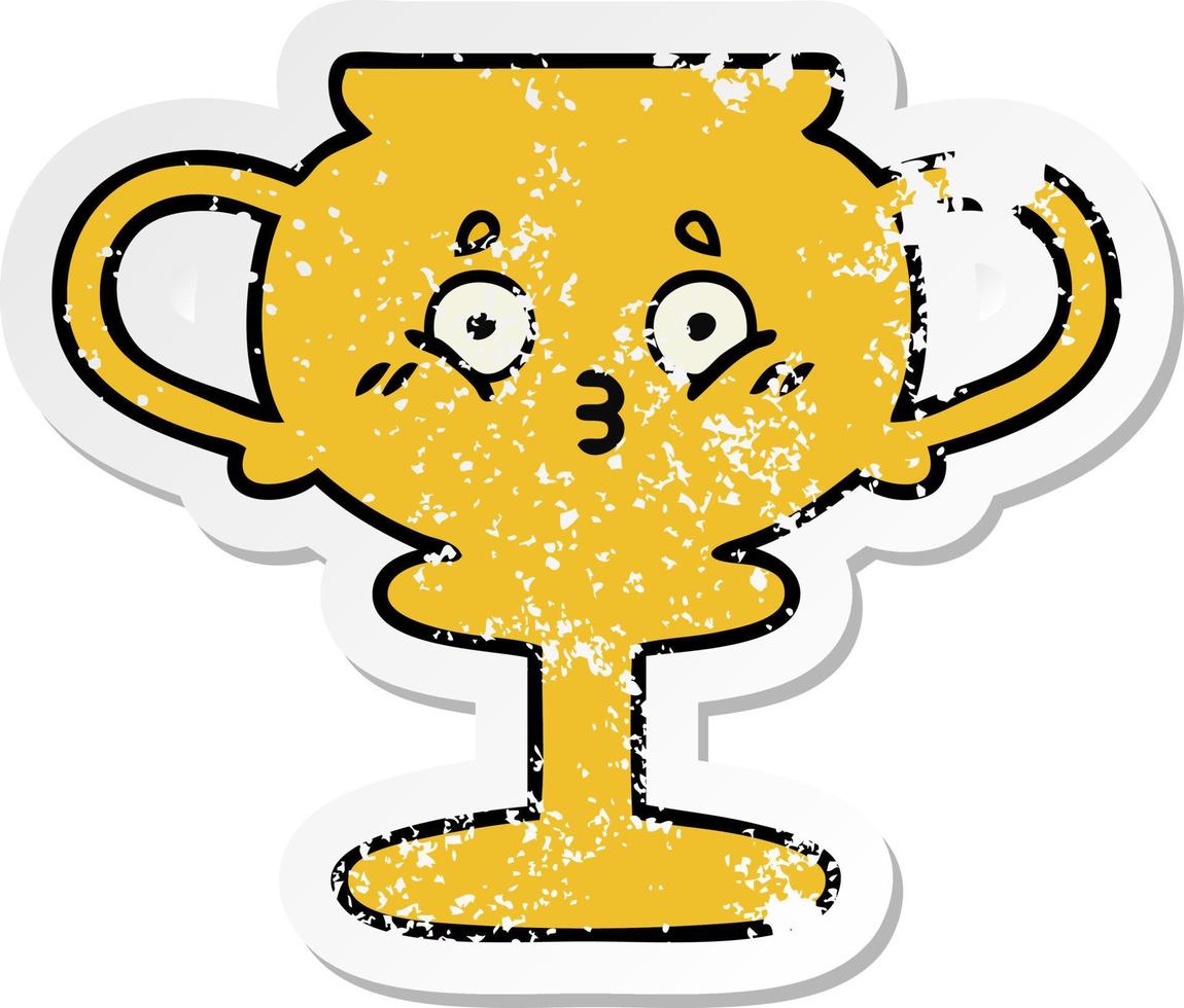 distressed sticker of a cute cartoon trophy vector