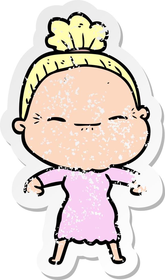 distressed sticker of a cartoon peaceful old woman vector