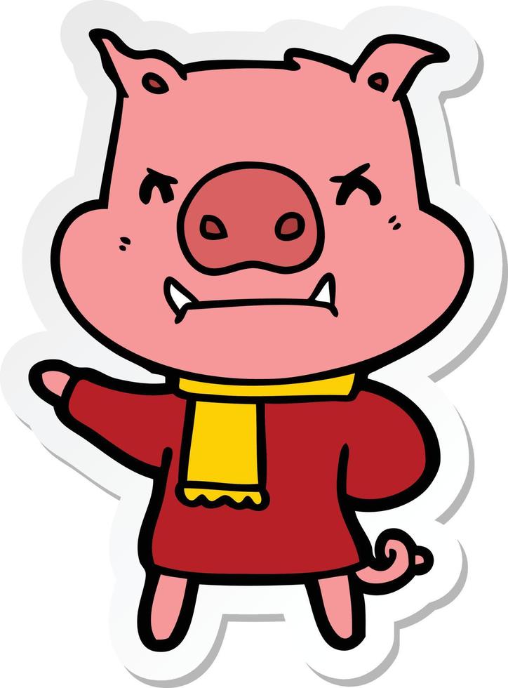 sticker of a angry cartoon pig in winter clothes vector
