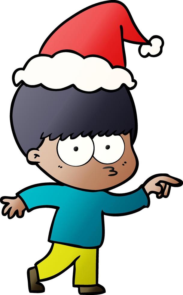 nervous gradient cartoon of a boy wearing santa hat vector