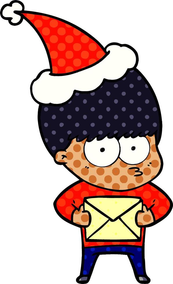 nervous comic book style illustration of a boy wearing santa hat vector