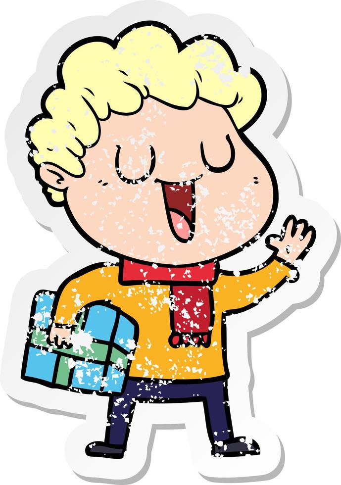 distressed sticker of a laughing cartoon man with present vector
