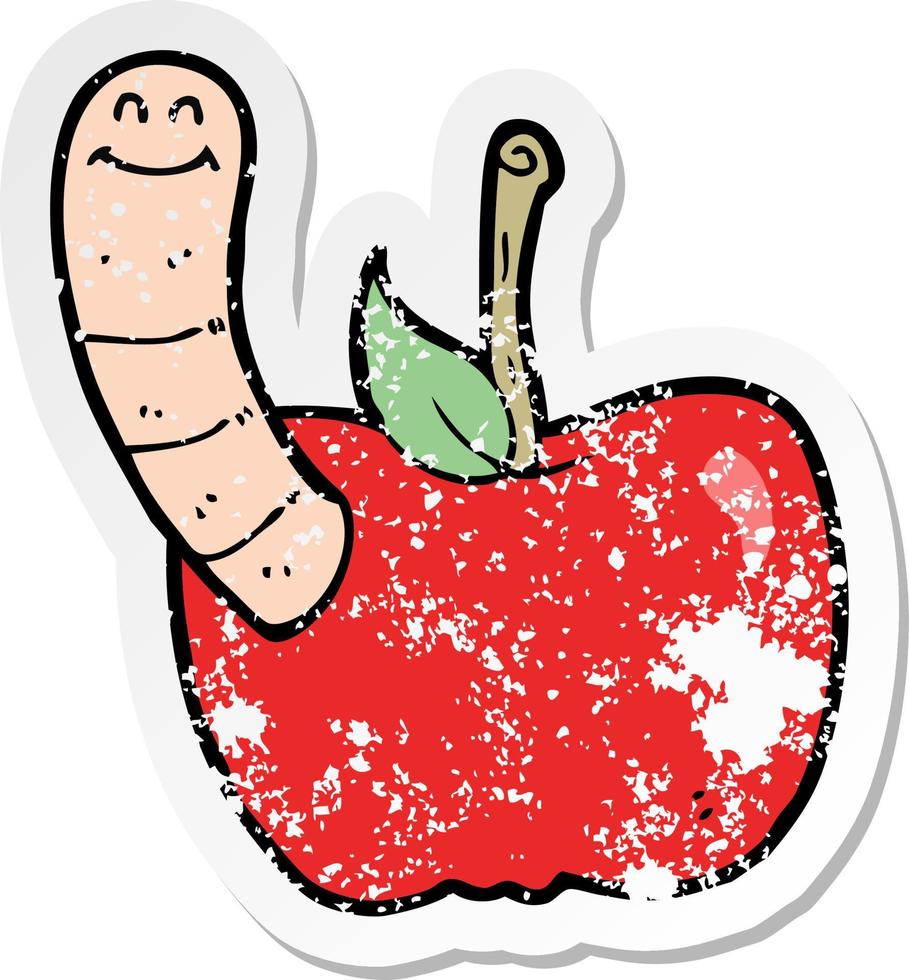 retro distressed sticker of a cartoon apple with worm vector