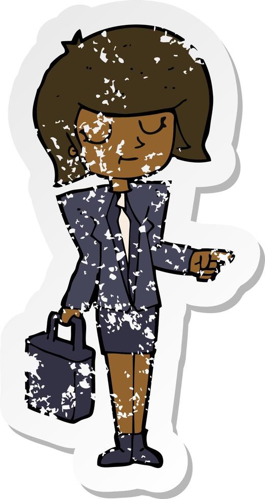 retro distressed sticker of a cartoon businesswoman pointing vector