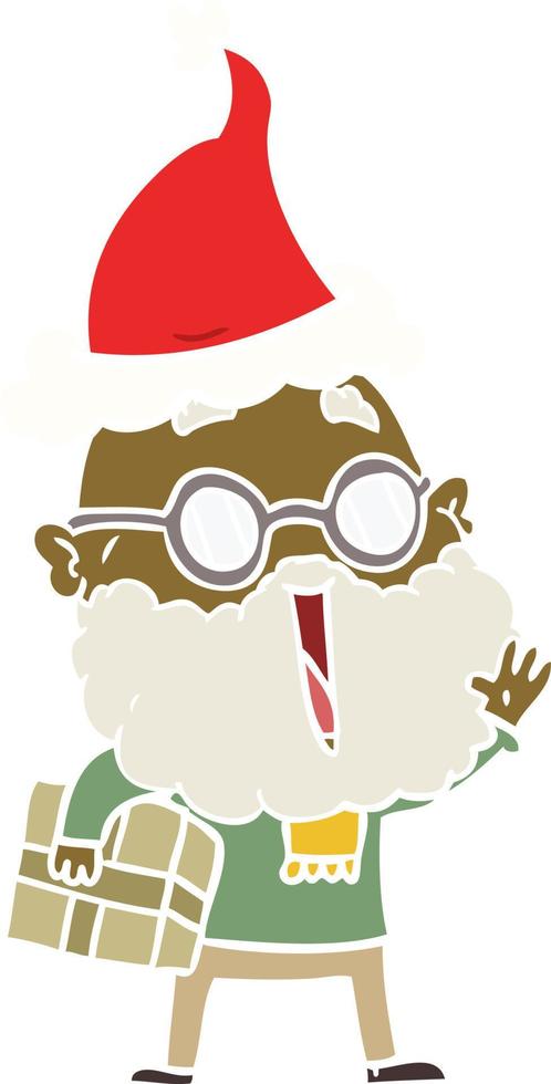 flat color illustration of a joyful man with beard and parcel under arm wearing santa hat vector