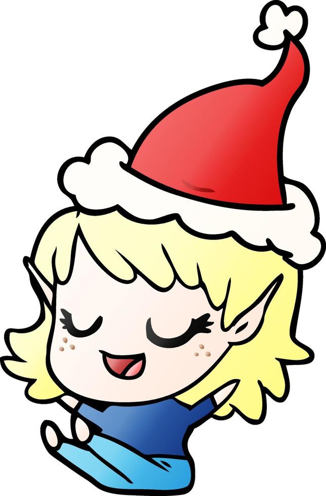 dibujos animados de gradiente feliz de una niña elfa sentada con sombrero de santa vector